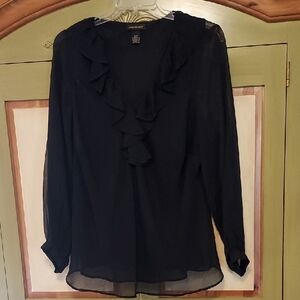 Lane Bryant Black Ruffle V-Neck Sheer Long-Sleeve Blouse